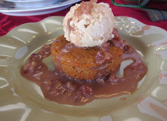 Pumpkin Cake with Maple-Vanilla Ice Cream and Pecan Praline Sauce