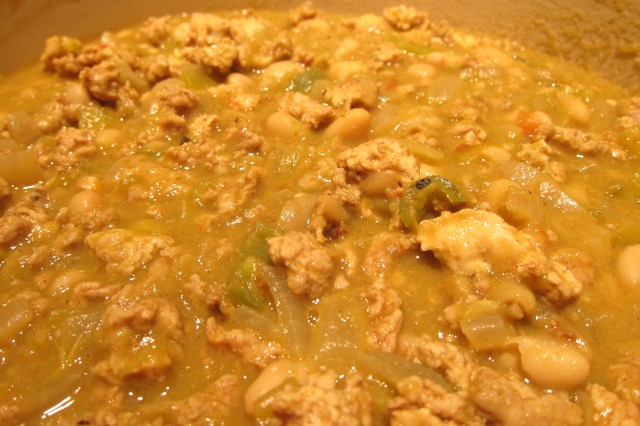 Here is the chili still in the pot without all the good stuff on top!